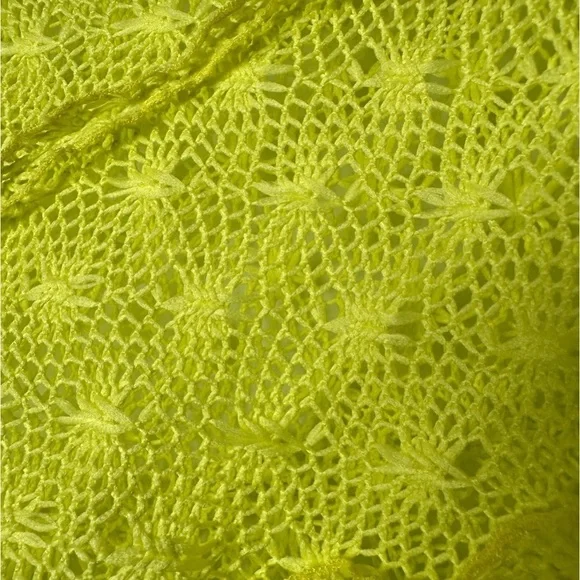 KIM SHUI Exclusive Asymmetrical Sheer Crochet Turtleneck Top Neon Yellow Size S - Picture 8 of 12
